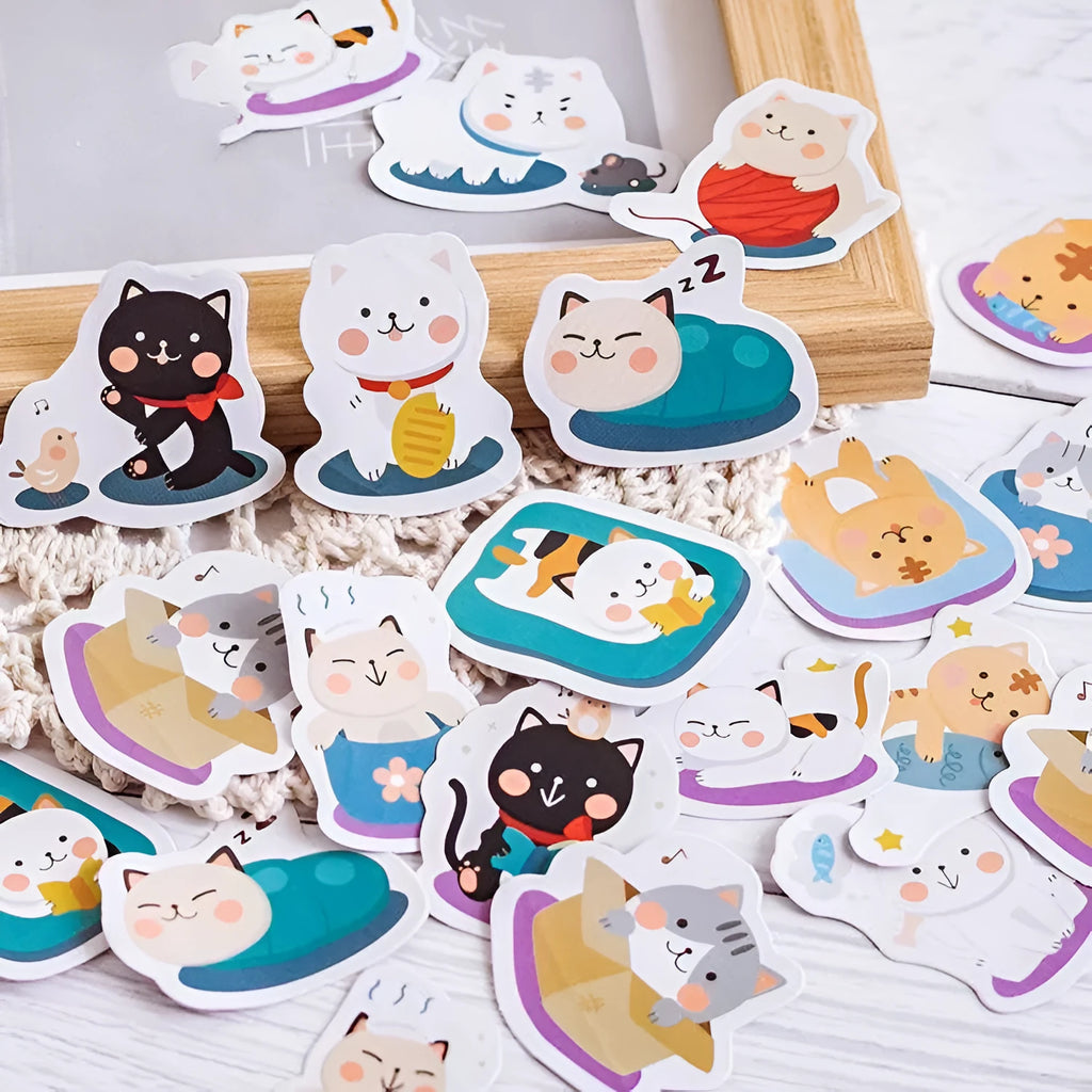 Boxed cartoon cat sticker set with 45 pieces, Cat set colour option, box size 44 x 44 x 11 mm.