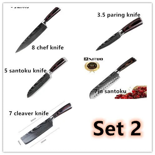 7Cr17 stainless steel chef knife with 18cm blade, laser Damascus pattern, and coloured wood handle