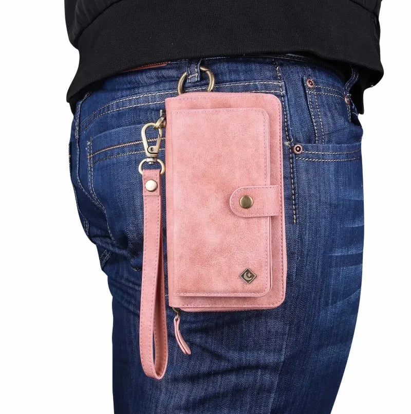 Black PU leather zip wallet case open to show smartphone and card slots.