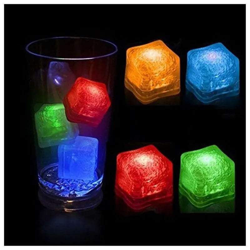 Square food-grade LED light ice cube glowing in a clear drink with colourful illumination