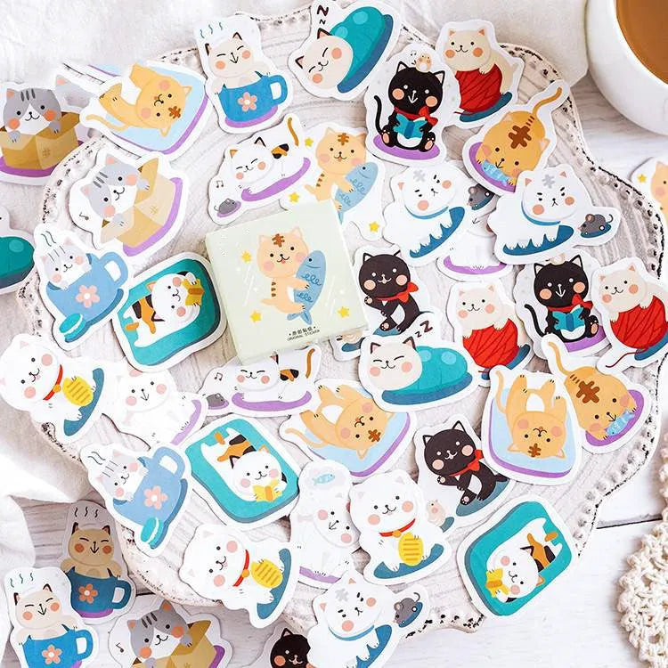 Boxed cartoon cat sticker set with 45 pieces, Cat set colour option, box size 44 x 44 x 11 mm.