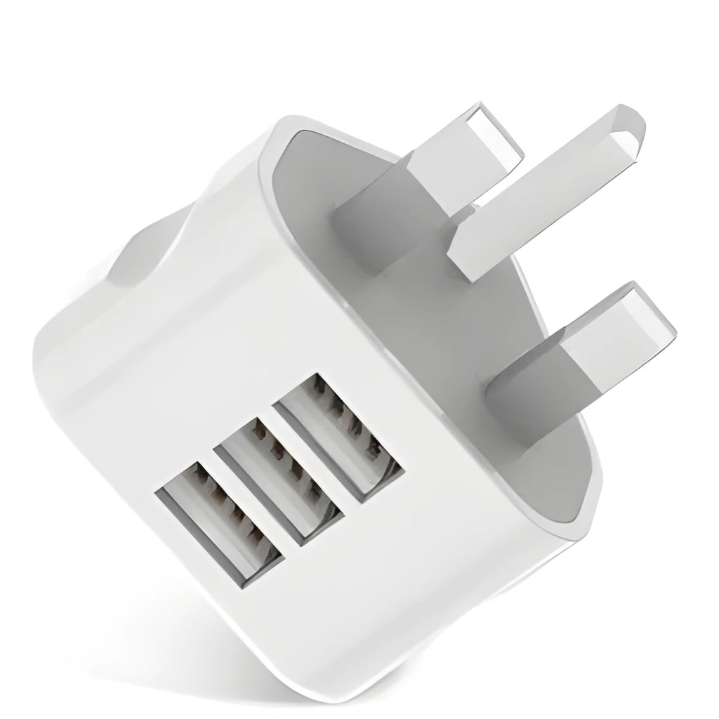 White UK plug USB wall charger with three USB ports, ABS body, 4.5x4.5x5cm, compatible with iPhone
