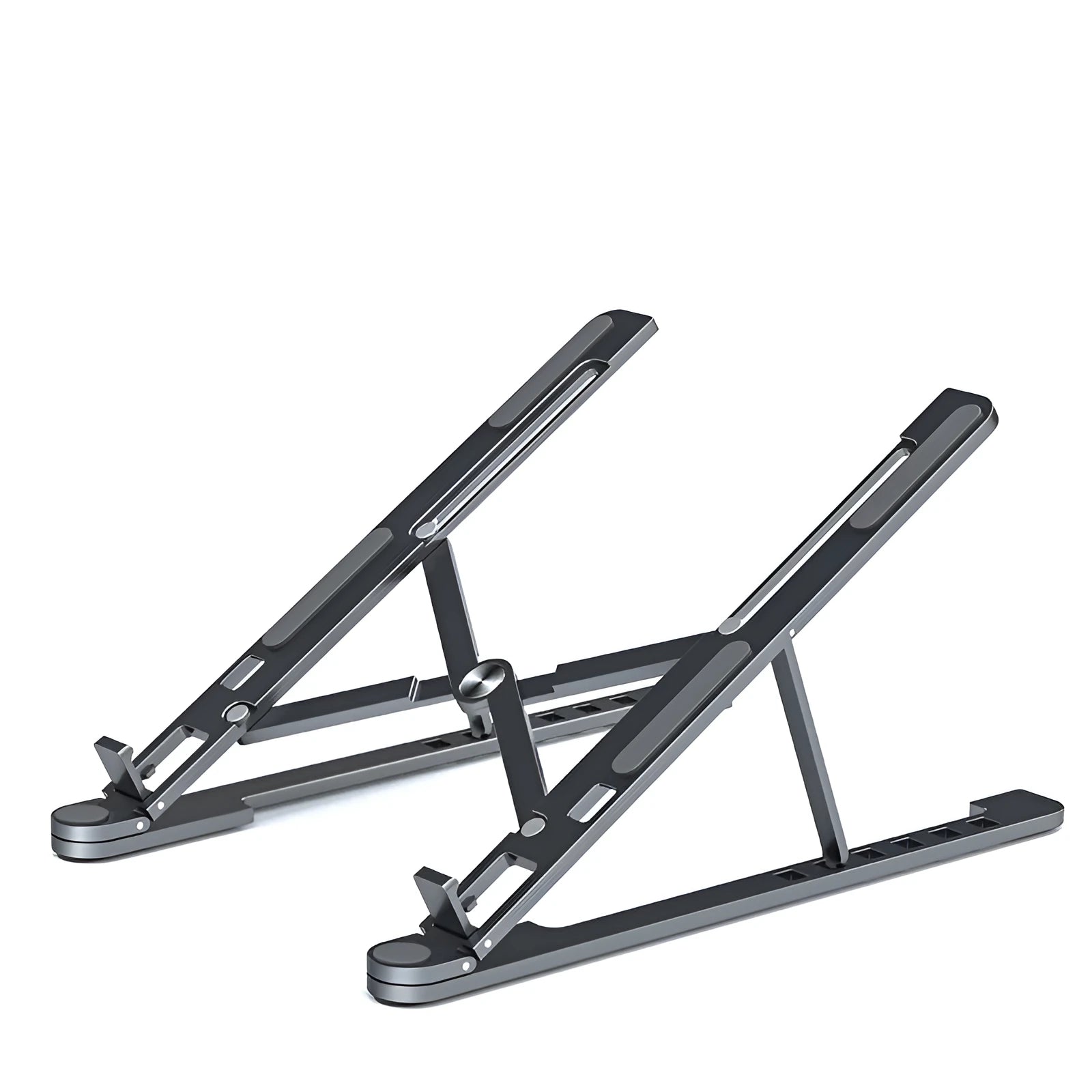 Deep grey foldable aluminium laptop stand holding a silver laptop at an angle.