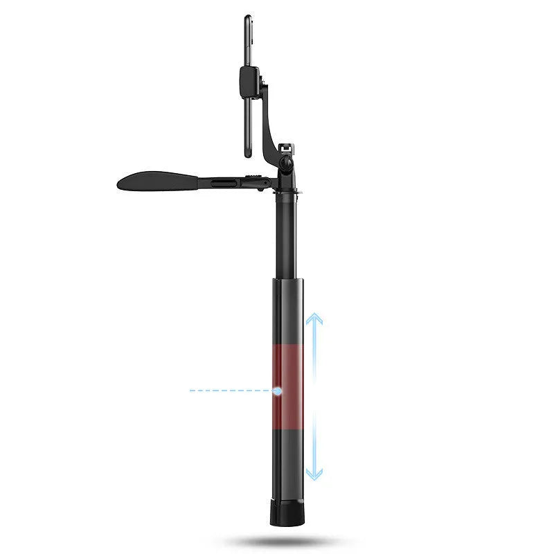 Black aluminium alloy Bluetooth selfie stick tripod extended with phone attached, showing remote control.