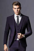 Men's slim fit three-piece suit set in black, acetate fibre blend, flat collar, back slit, size 48