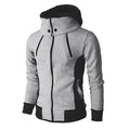 Men's high-necked hooded jacket in Darkgrey colour, front view, showing raised collar and attached hood