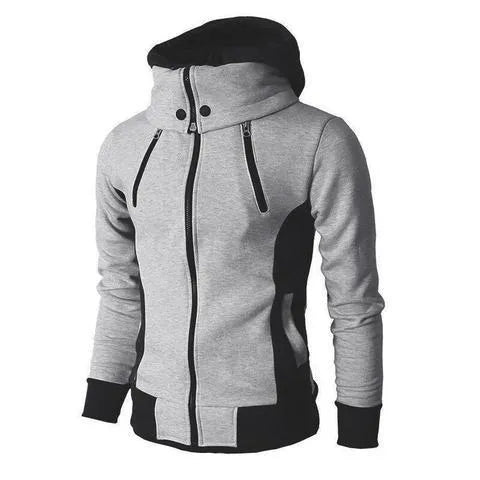 Men's high-necked hooded jacket in Darkgrey colour, front view, showing raised collar and attached hood
