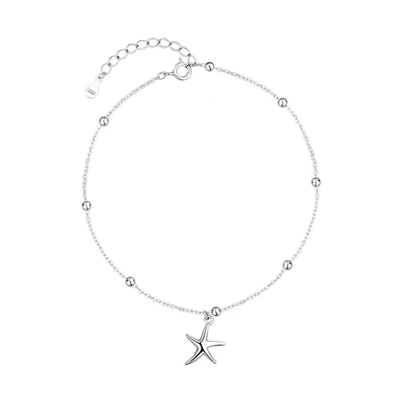 S925 sterling silver anklet with a starfish charm on a round beaded chain.