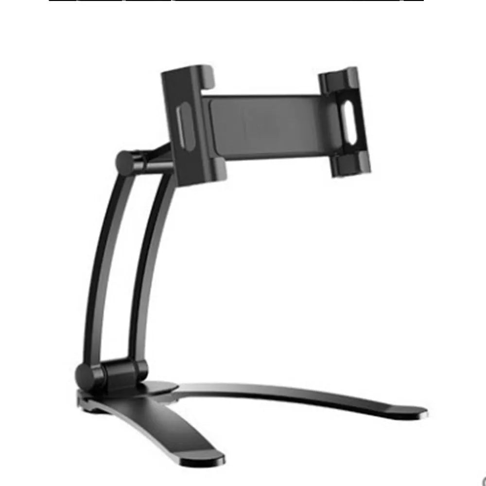 Silver aluminum alloy desktop tablet stand with white mount holding a tablet at an angle