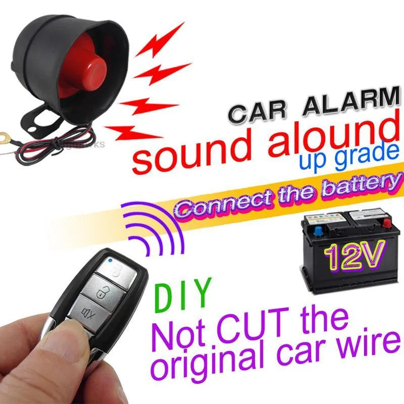One-way silent car alarm with integrated host speaker and two remote controls for 12V DC vehicles