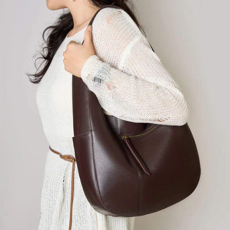 Genuine leather top layer cowhide shell tote bag in black with open outer pocket