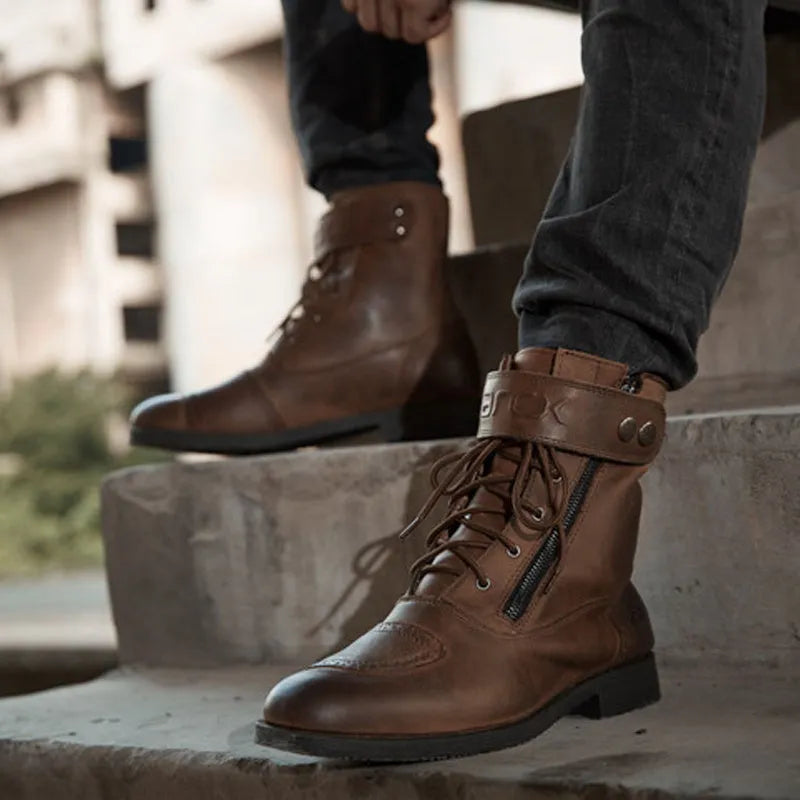Brown leather motorcycle riding shoes with metal zipper and natural rubber sole