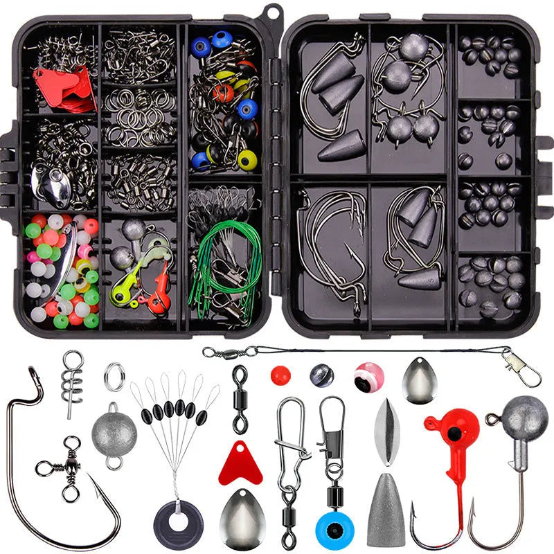 Orange ABS fishing tackle box open to show 257-piece fishhook and lure accessory set