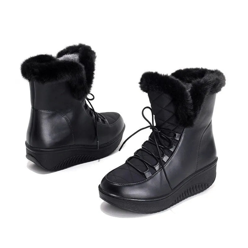 Women's black lace-up winter boots with 3cm platform and water-resistant PU leather