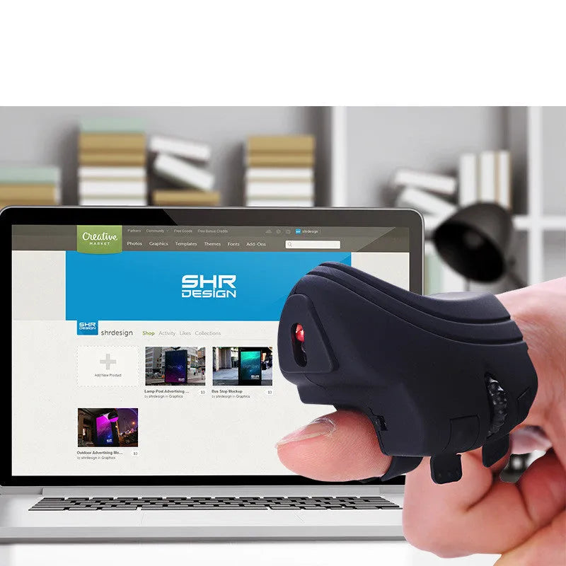 Black and silver grey finger ring mouse, 2.4GHz wireless, 1000dpi optical, 60mm by 40mm, rechargeable, three keys