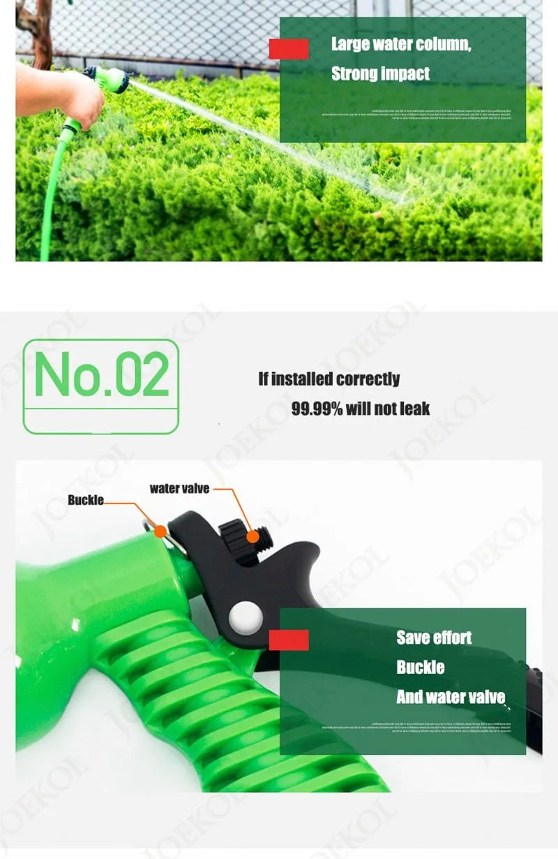 Expandable magic flexible water hose in black laid on grass showing compact initial length and stretched working length