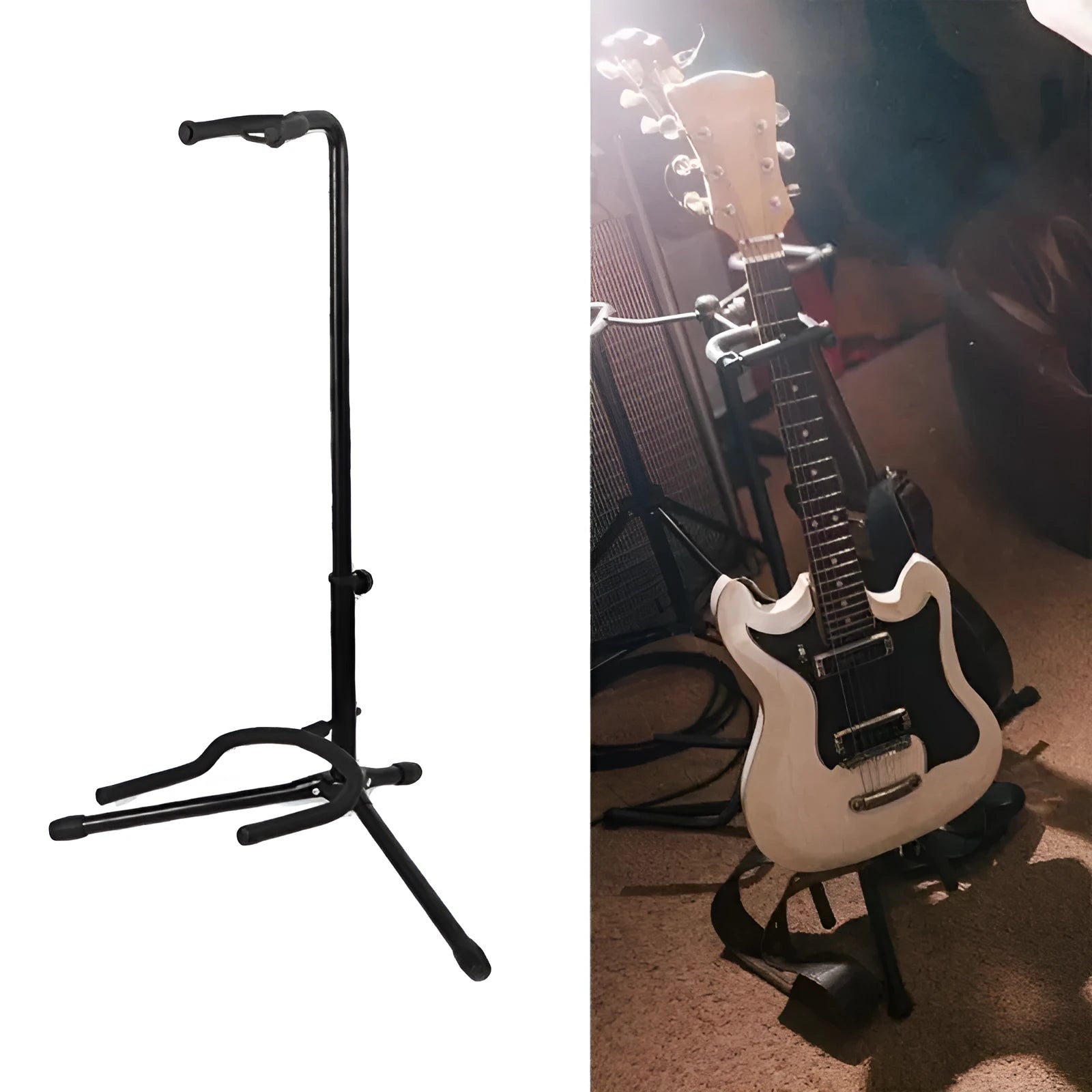 Black foldable metal guitar stand with rubber pads, holding an acoustic guitar.