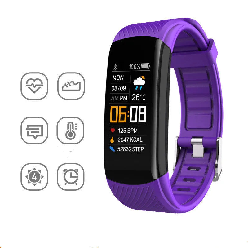 Adult sports silicone pedometer bracelet in multiple colours on wrist, showing 0.96-inch touchscreen display.