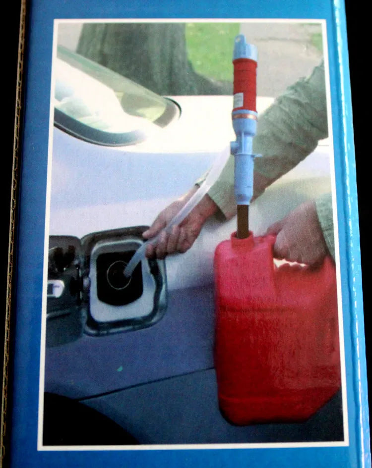 Blue manual hand siphon pump for transferring fuel and oil.