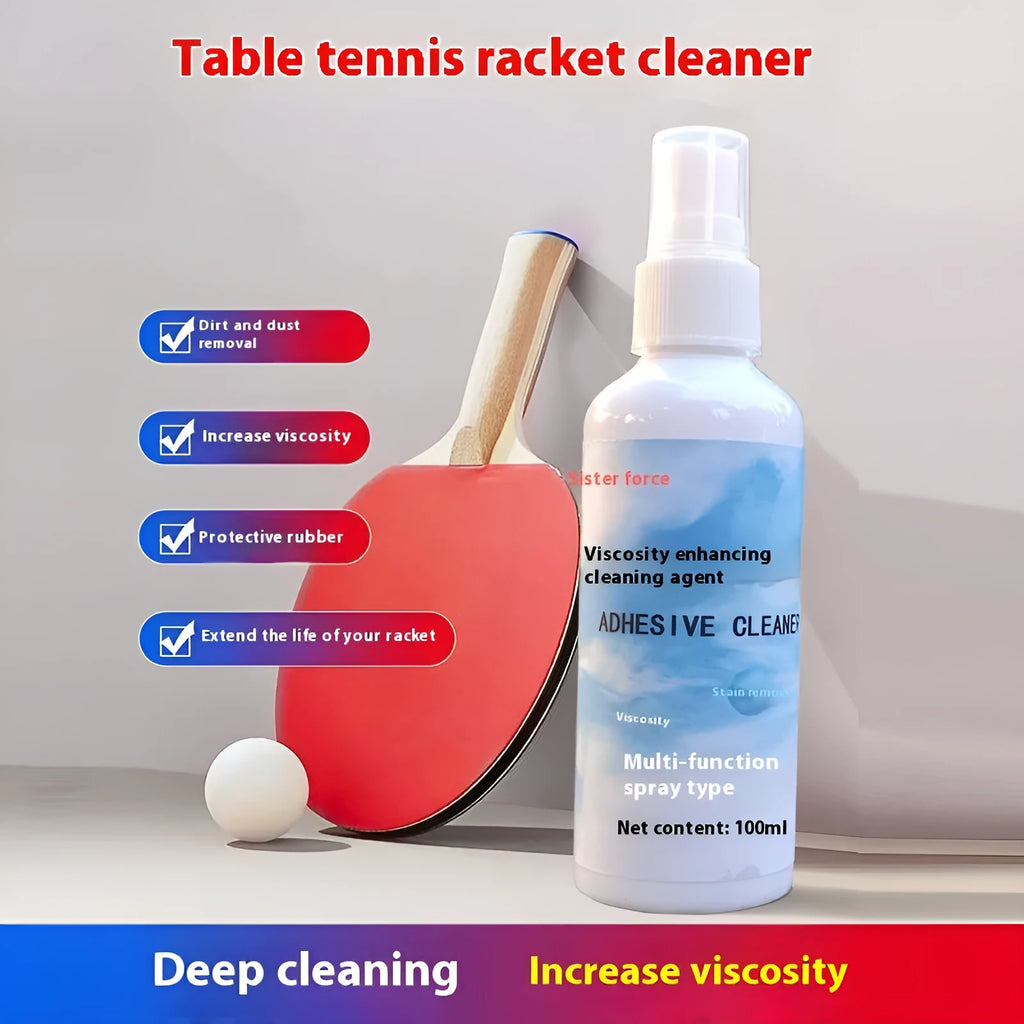 Table tennis racket cleaner kit with sponge mop, rubber cleaning agent bottle and protective film on table