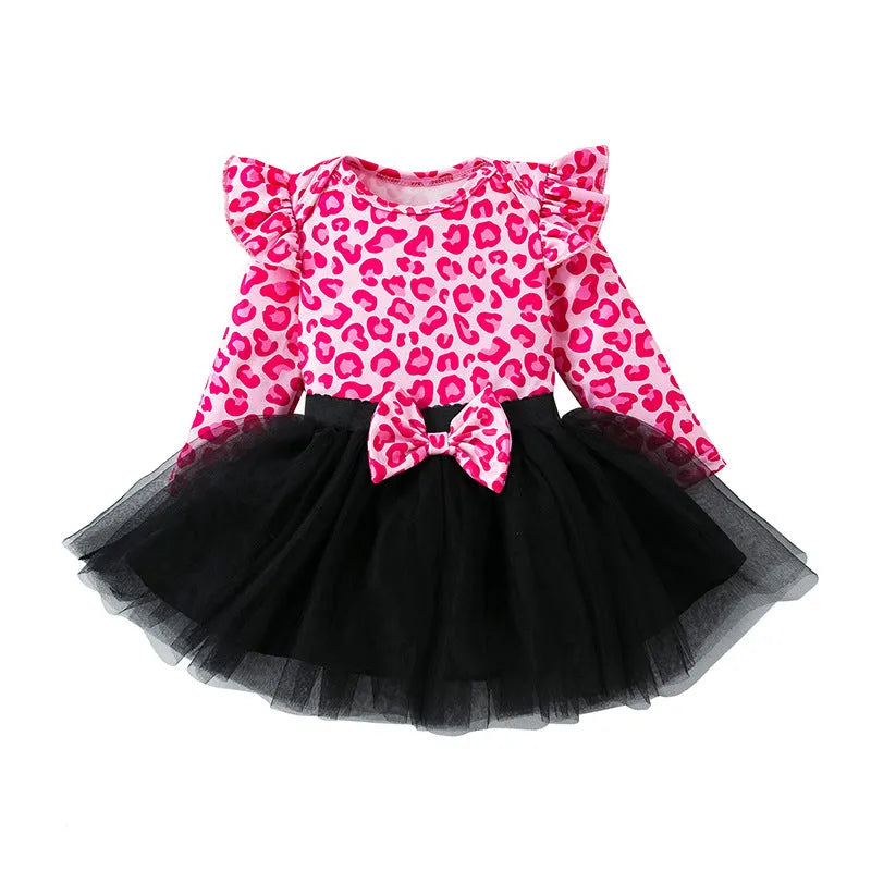 Baby girls' leopard print flounced sleeve mesh dress set long sleeve pullover pink black