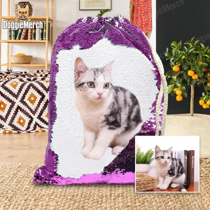 Custom purple sequin drawstring backpack with a printed dog photo, showing drawstring closure.