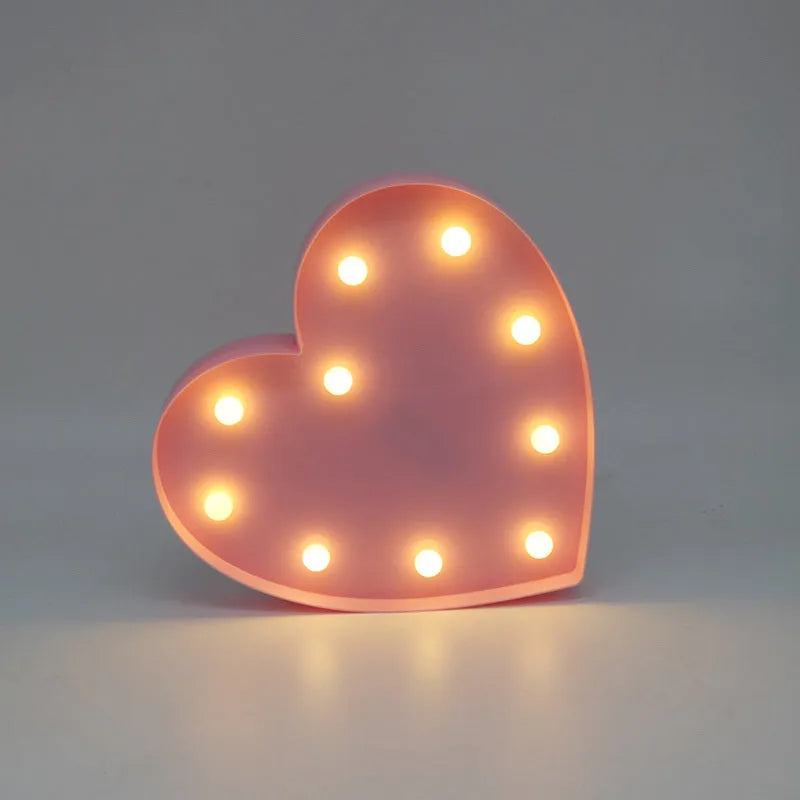 Romantic 3D love heart marquee letter nights lamp in pink plastic with warm white LEDs, wall mounted