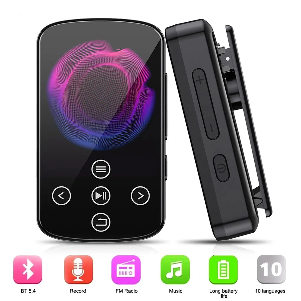 Black Bluetooth MP3 music player with touch screen and buttons