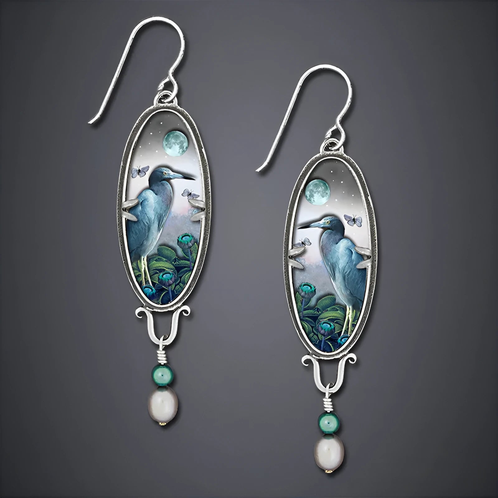 Silver retro bird flower drop earrings with electroplated finish showing detailed palace motif