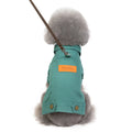 Two-leg cotton pet outfit in blue, yellow, or green, sizes S to XXL with back length, bust, and collar measurements.
