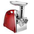 Red electric multifunctional meat grinder with 800W motor and 800g per minute speed, food-grade aluminium alloy and ABS plastic construction