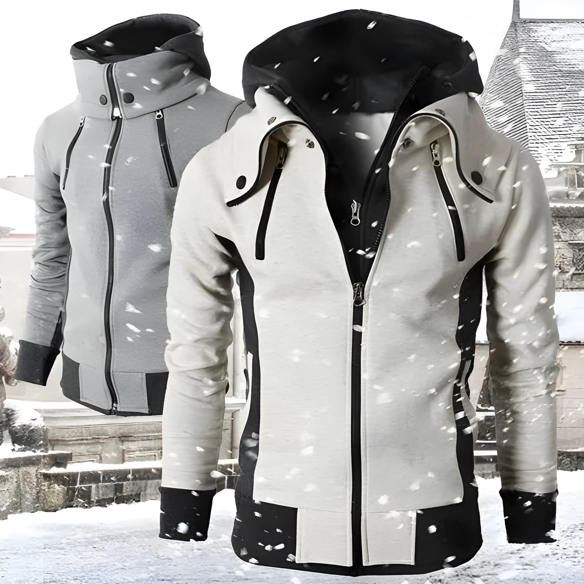 Men's high-necked hooded jacket in Darkgrey colour, front view, showing raised collar and attached hood