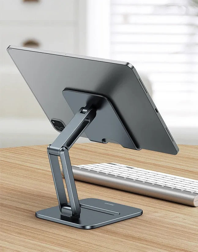 Deep space grey aluminium alloy folding stand holding a tablet and mobile phone separately