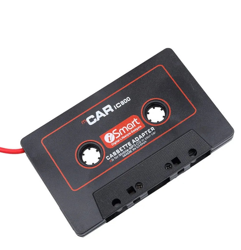 Black cassette adapter with 3.5mm jack plug for connecting MP3 players to car cassette decks