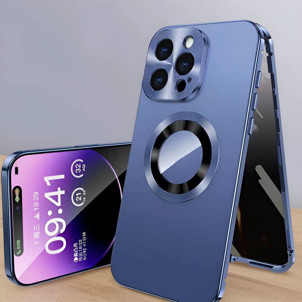 Magnetic iPhone case with metal clip in black, blue, gold, purple, or silver colour.