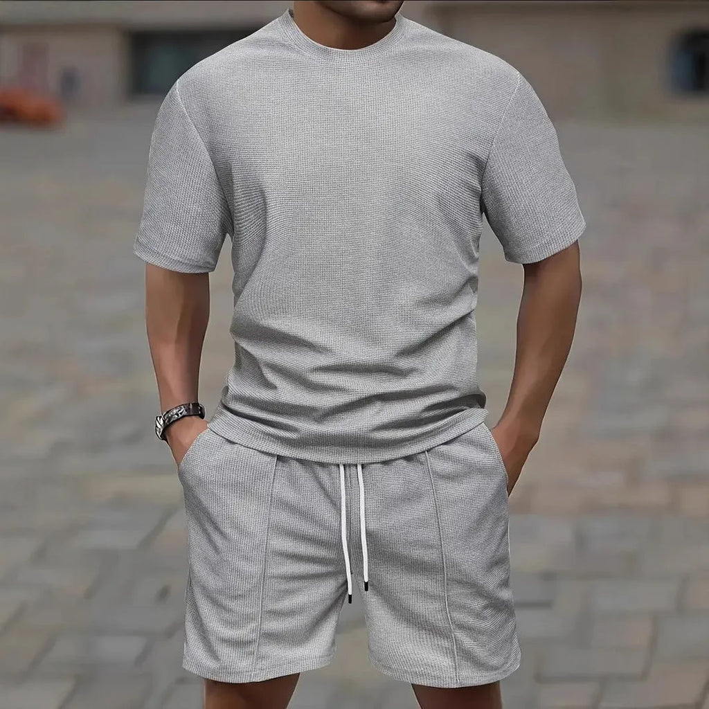 Men's waffle texture short sleeve blouse and shorts set in polyester fabric for summer wear