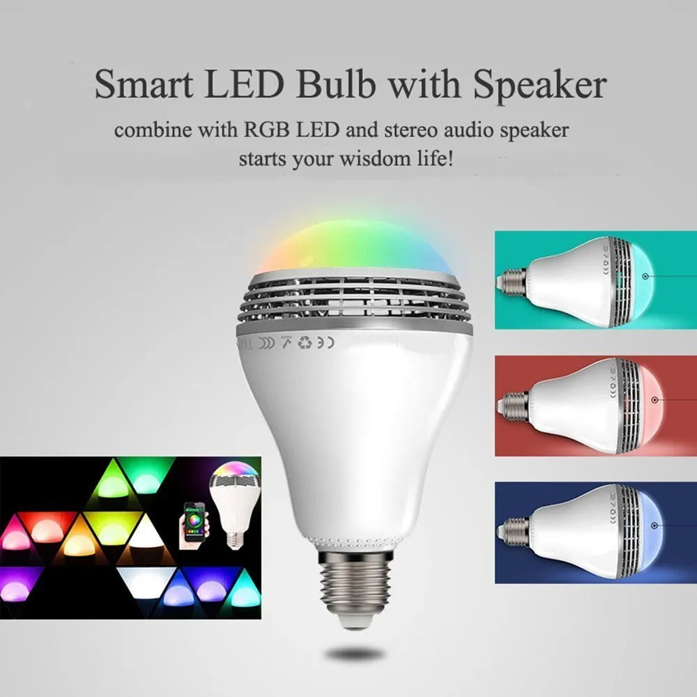 Smart LED light bulb with Bluetooth speaker functionality showing E27 base and polycarbonate housing