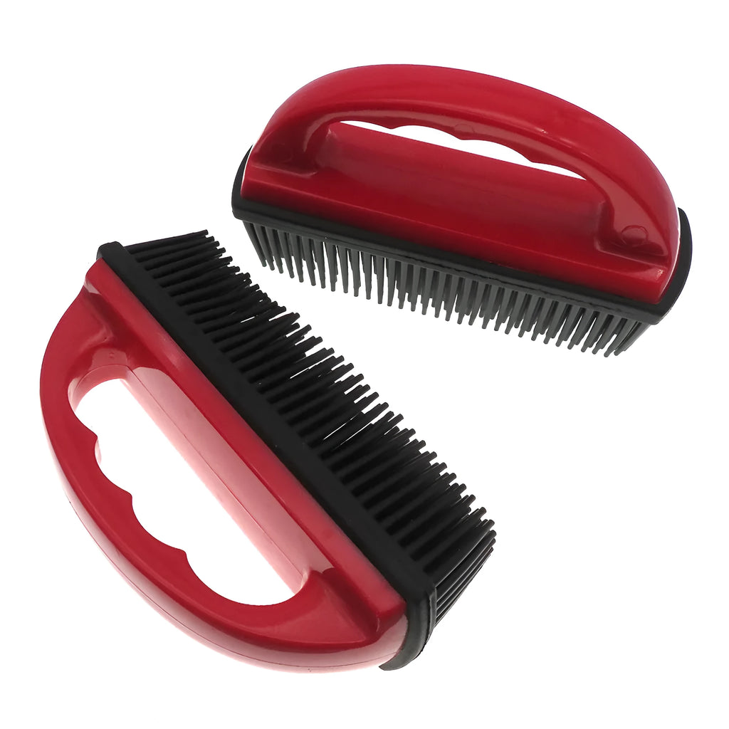 Red pet hair removal brush with rectangular rubber bristle head for grooming and carpet cleaning