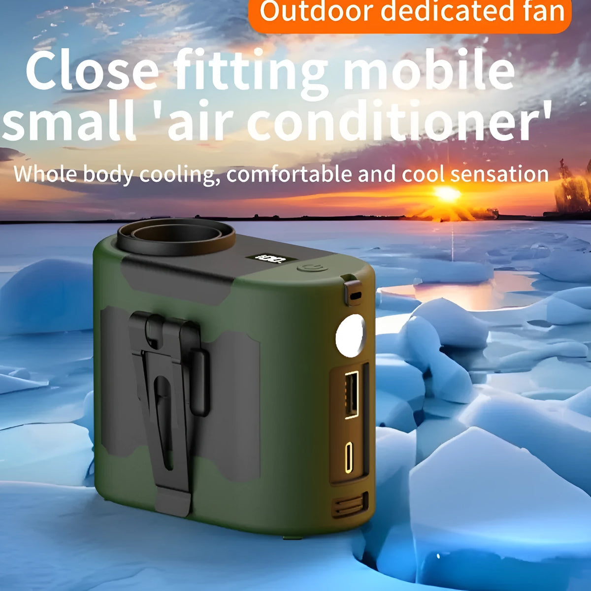 Portable waist fan, rechargeable lithium battery, USB, 5 speed, 95x80x50mm, grey, army green, orange red, black