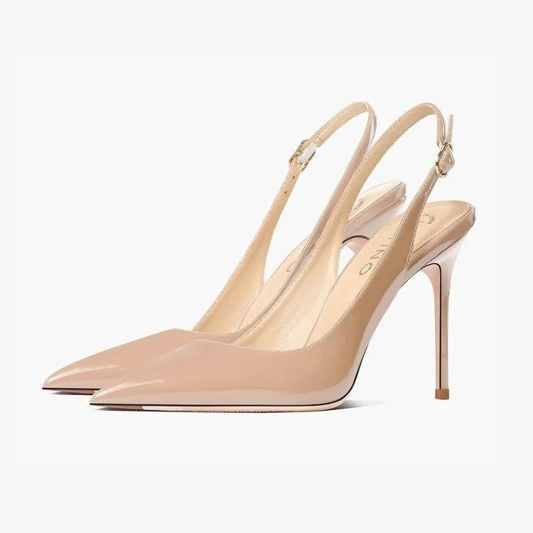Nude women's high heels with ankle-strap design and hollow detail in soft PU leather