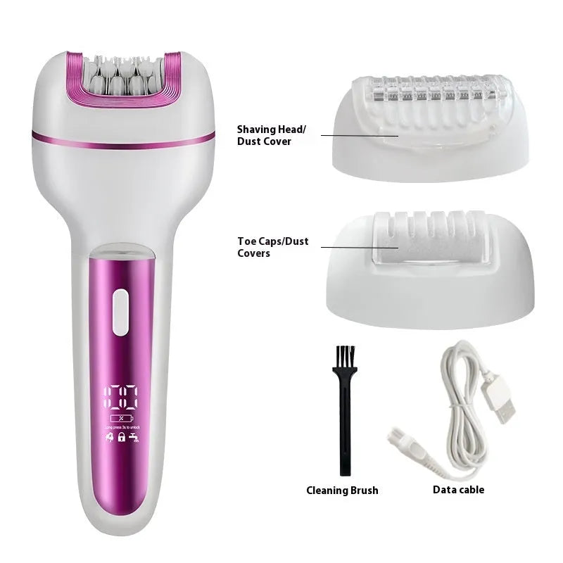 Pink three-in-one ladies electric depilator and lady shaver with USB charging, ABS body, and foot grinder attachment