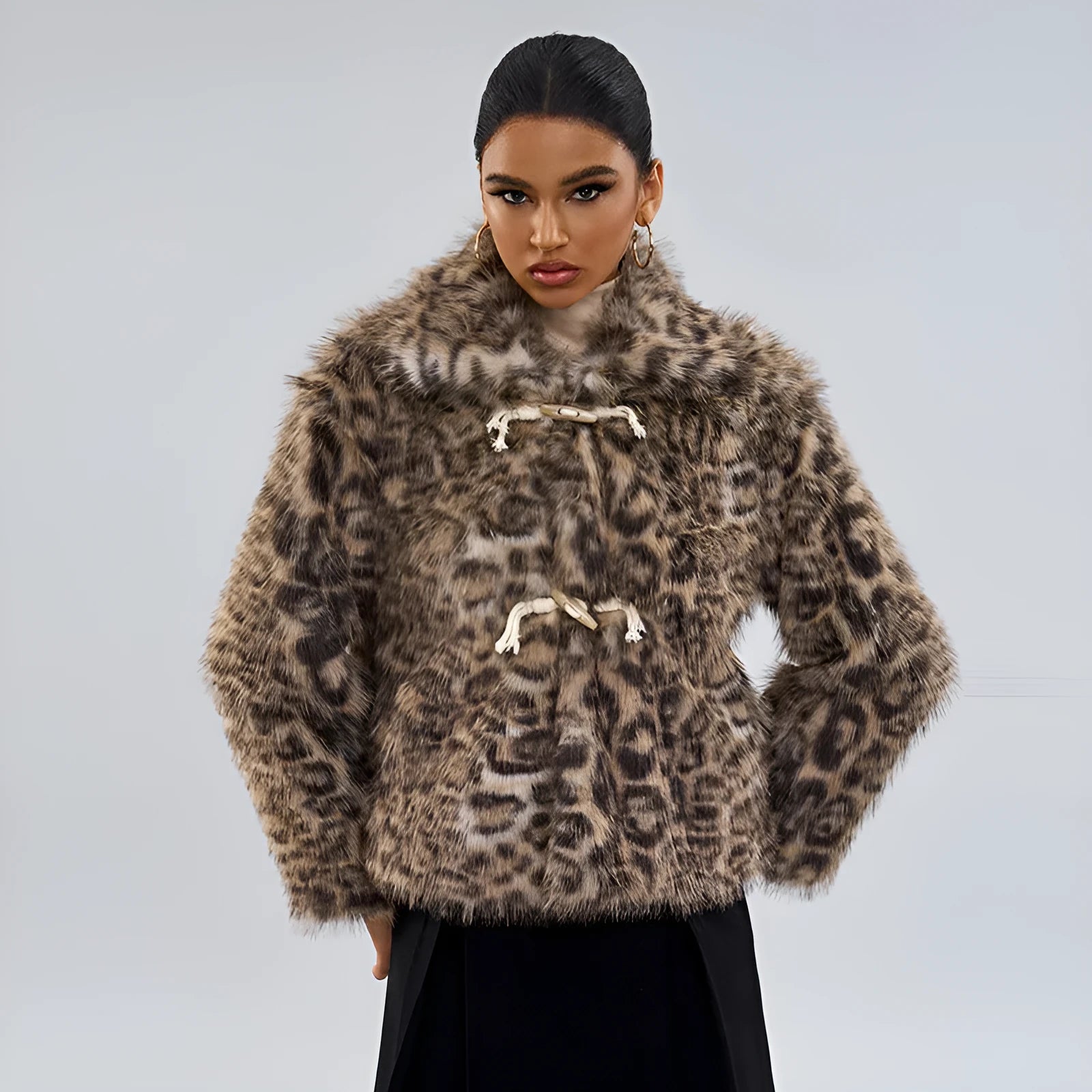 Women's leopard print coat with buckle lapel closure in street fashion style