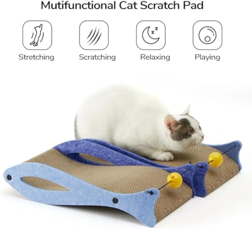Blue fish-shaped cat scratcher lounge with corrugated cardboard surface and attached bell ball toy