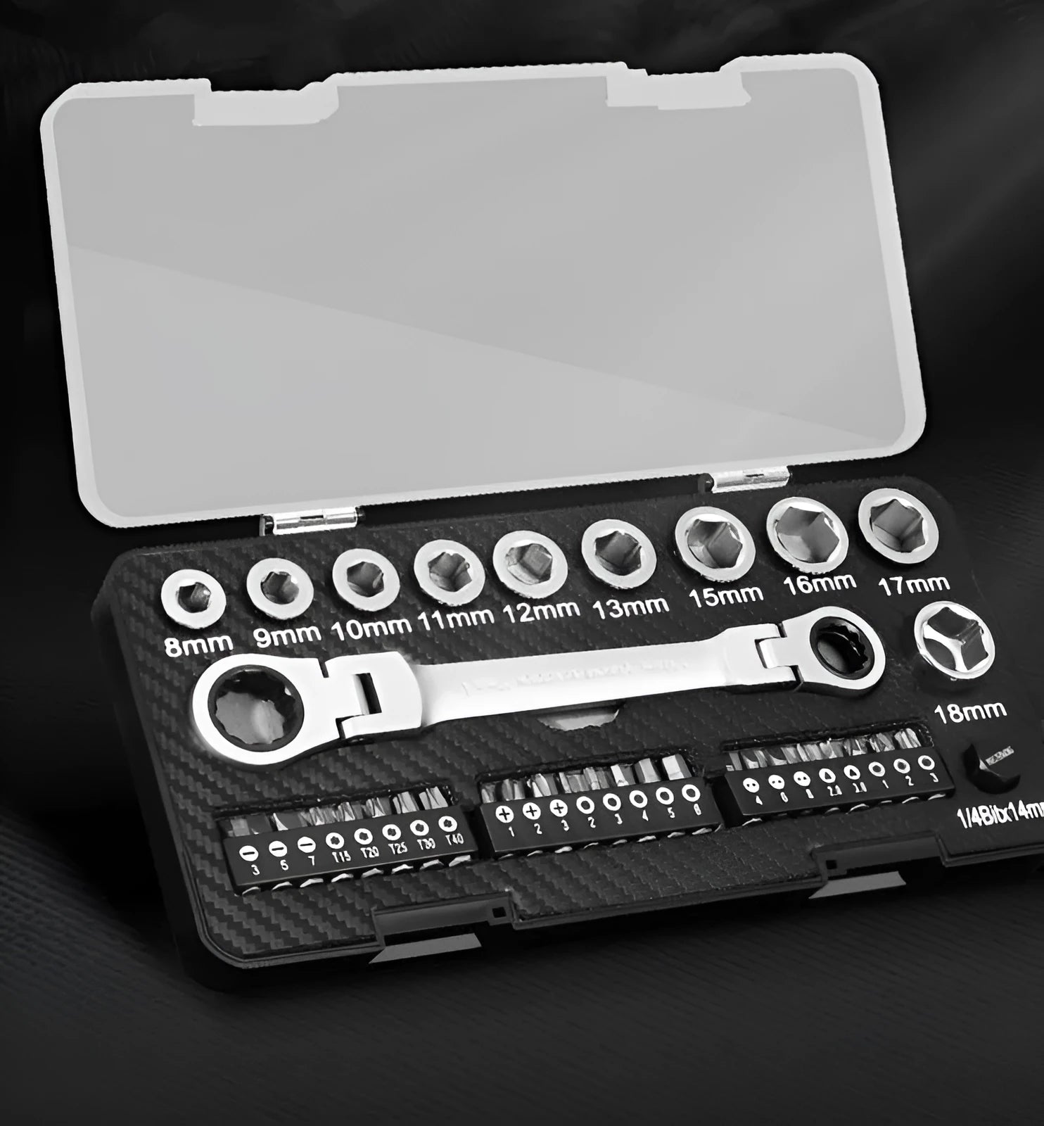 Ratchet wrench set with two-way mechanism, sockets, and batch heads arranged on work surface