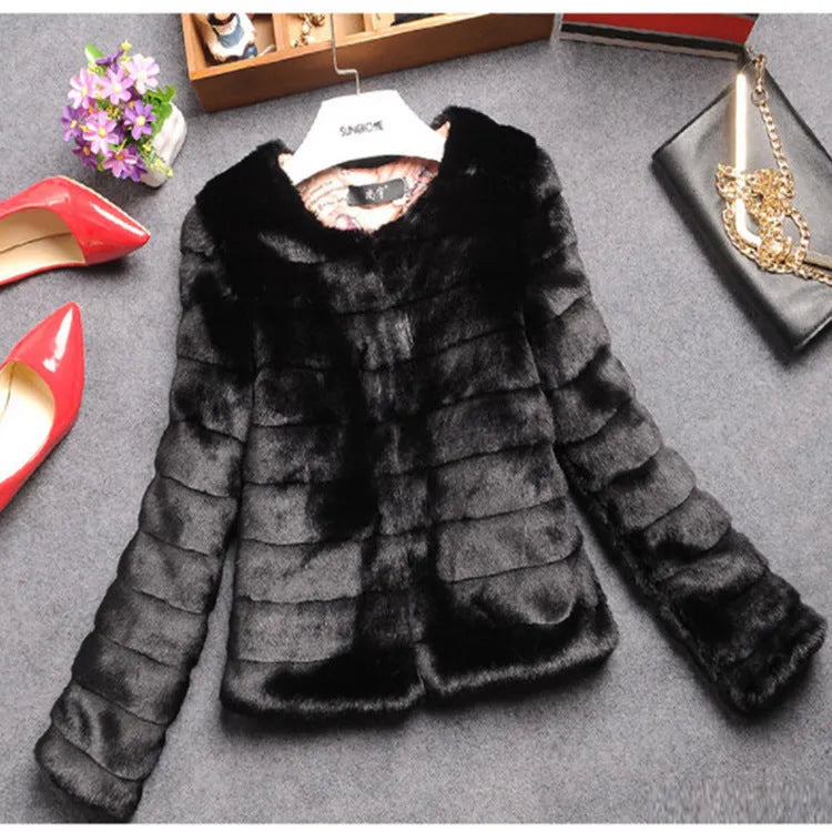 Women's faux fur short top in beige with regular sleeves and street fashion styling