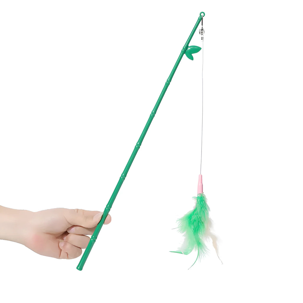 Green interactive cat feather wand toy with bells and feathers for indoor play and training
