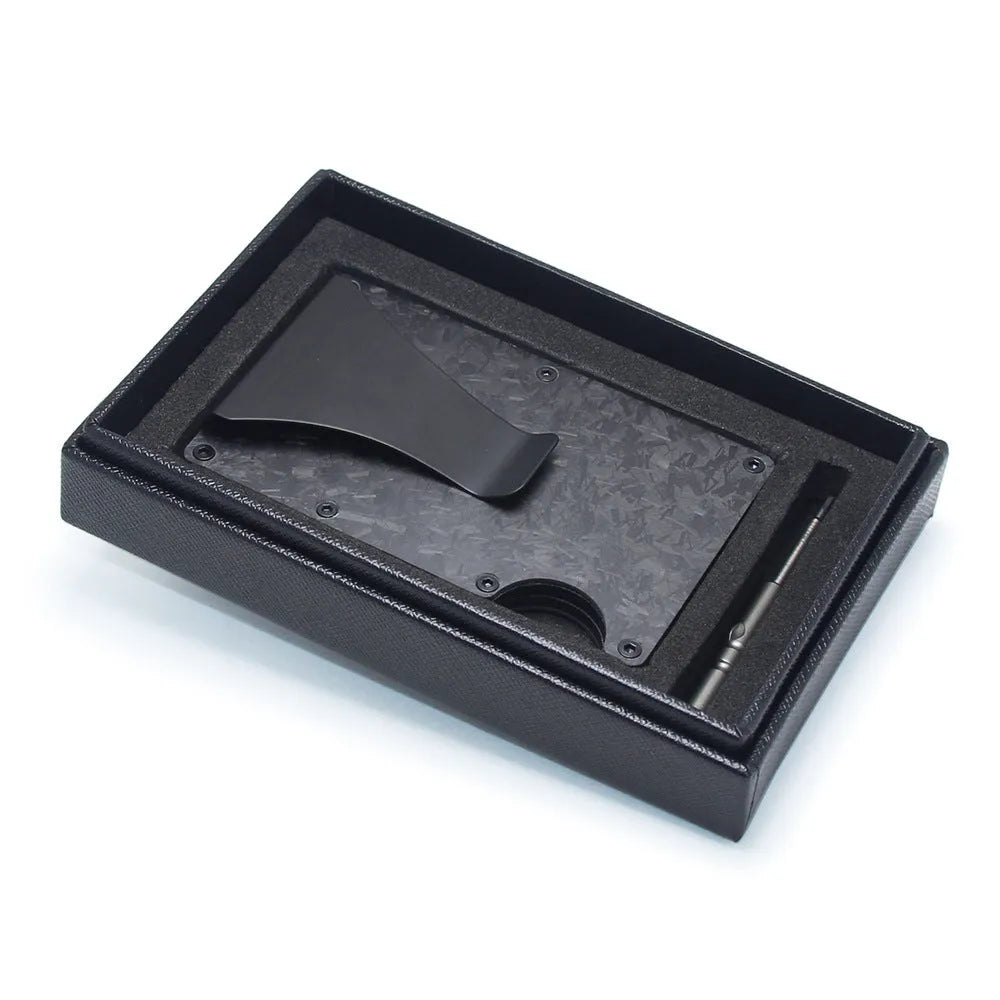 Carbon fibre aluminium wallet card holder with 8mm thickness showing geometry design and multiple colour options