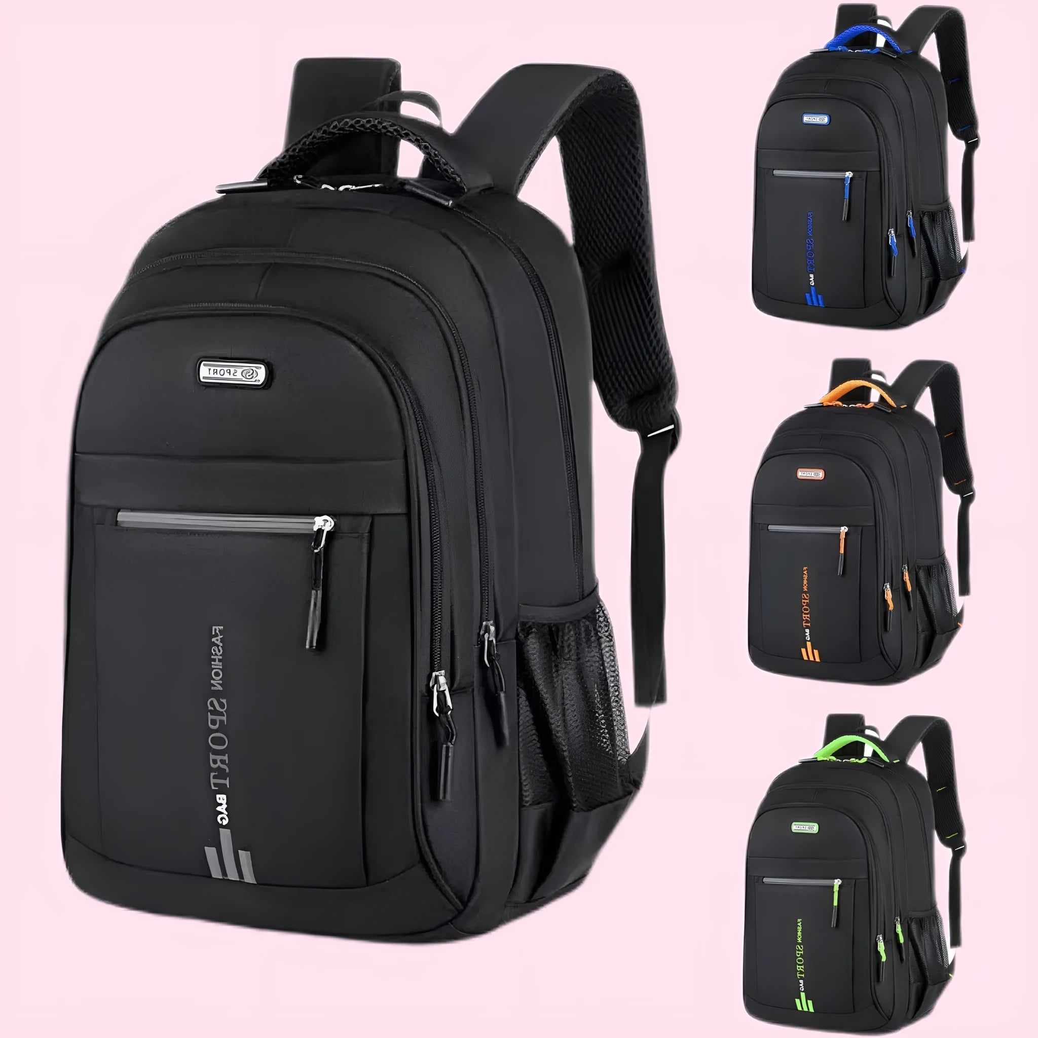 Oxford cloth capacity backpack in blue with airpillow straps, shown with a 20-35L size for business travel.