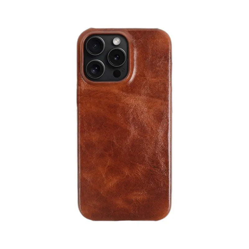 Handmade genuine leather iPhone 16 case in black, brown, dark blue, dark brown, or dark red