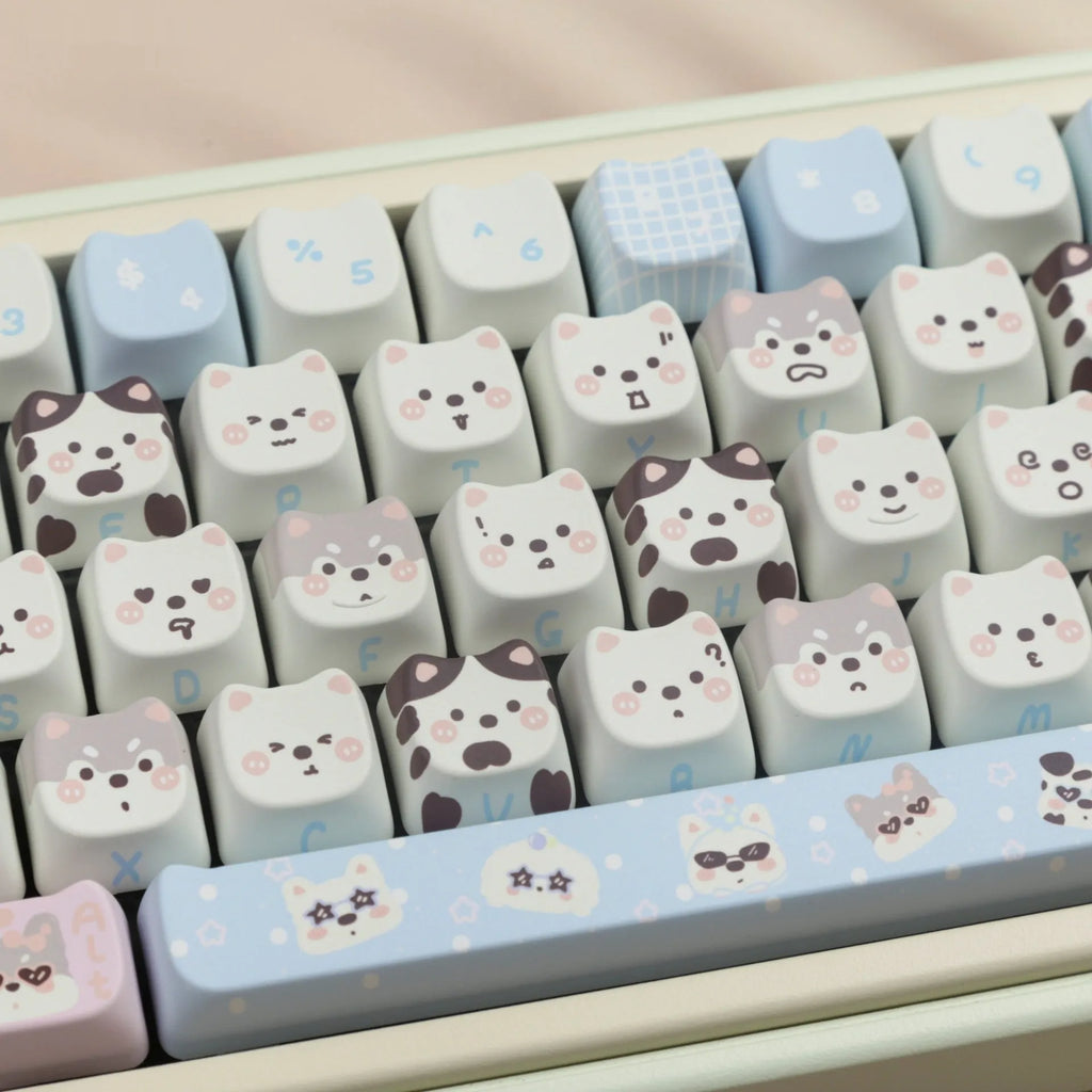 PBT key cap set with cat and puppy sublimation designs for mechanical keyboards